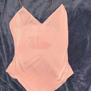 Peach nylon satin spaghetti strap bodysuit